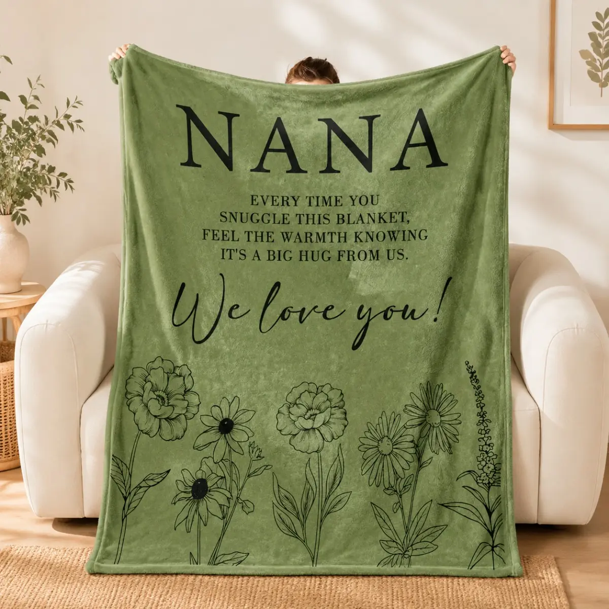 Nana Gift Throw Blanket, Heartwarming Floral Design Cover Blanket with Loving Message, Decorative Home Blanket for Sofa, Bedroom, Birthday and Mother's Day