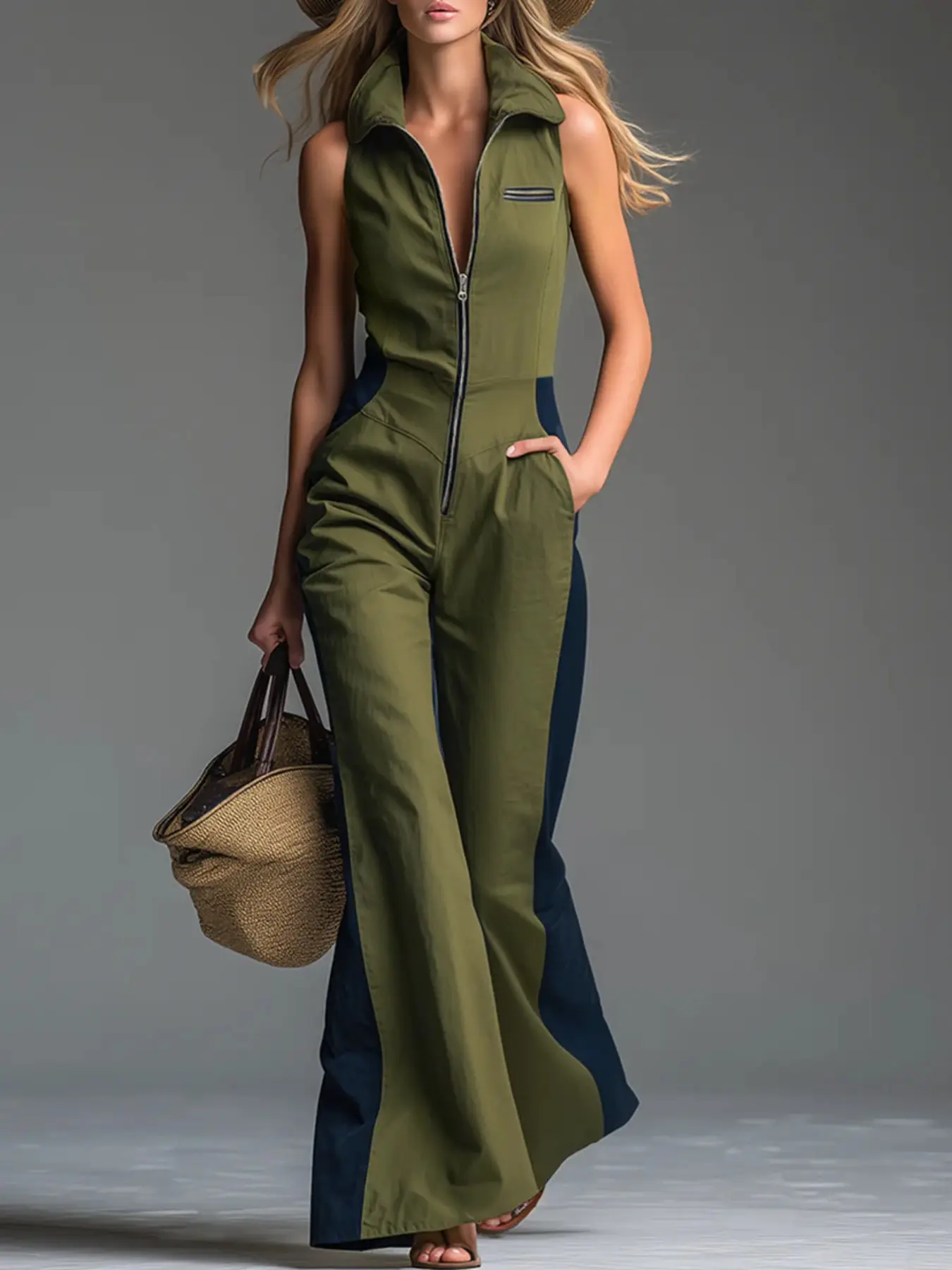 Women's Sleeveless Lapel Zipper Wide Leg Romper Jumpsuit, Vintage Workwear Casual Day Style, Suitable for Light Social Gatherings & Daily Outing