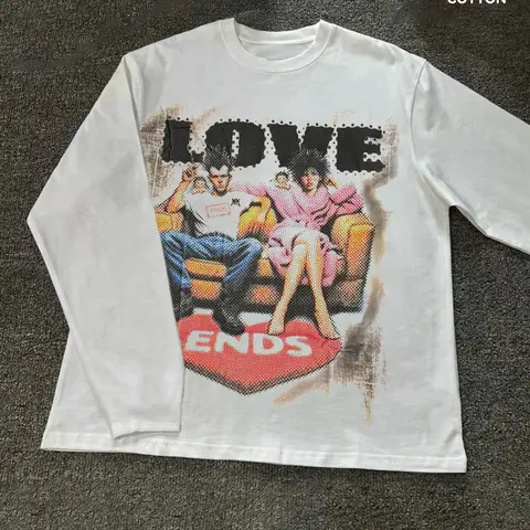 Men's 90s Vintage Portrait Print Long Sleeve T-Shirt, Love Ends Cotton Crew Neck, Loose Fit Casual Streetwear, Daily Wear, Menswear