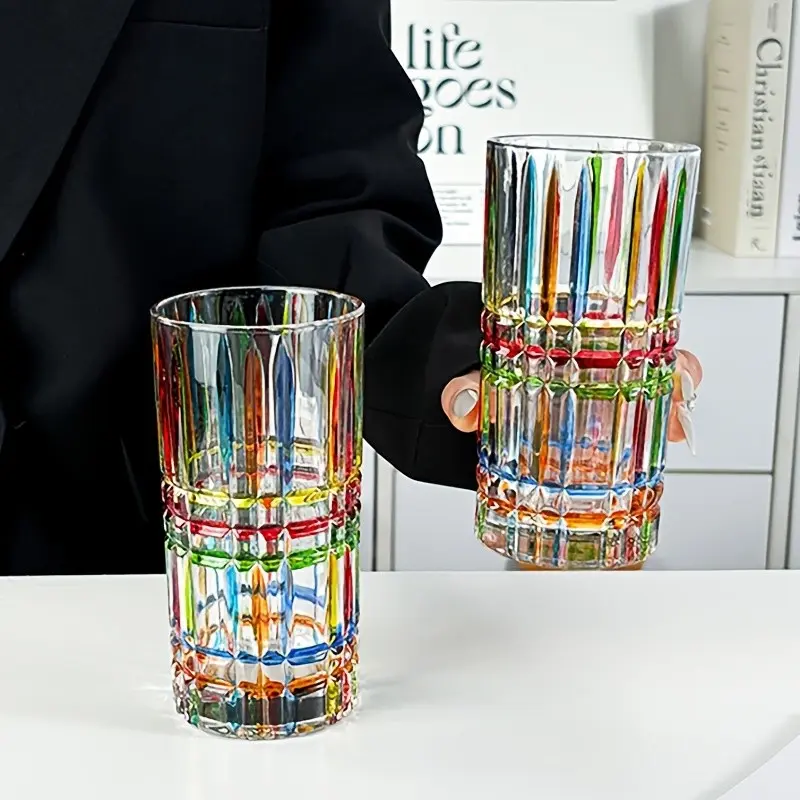 Fashionable Multicolor Striped Old Fashioned Glass Cup, 400ML/11.5oz Retro Drinking Glass, Ideal for Tea, Juice, Restaurant, Coffee Shop, Bar, Home Use Vintage Glassware
