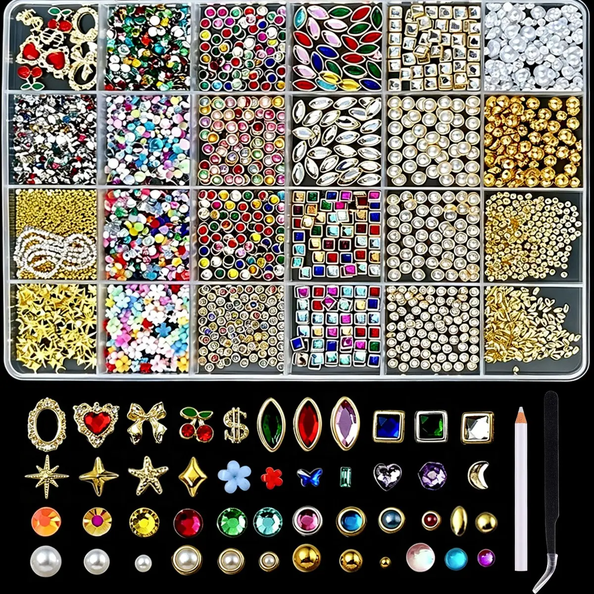 1Box Bedazzled Mini Colorful Gemstone Series Nail Charms Multiple Styles of Y2K Alloy Heart Cherry Square Circular Rhinestones Inlaid Nail Art Design Decorations DIY Nail Art Supplies