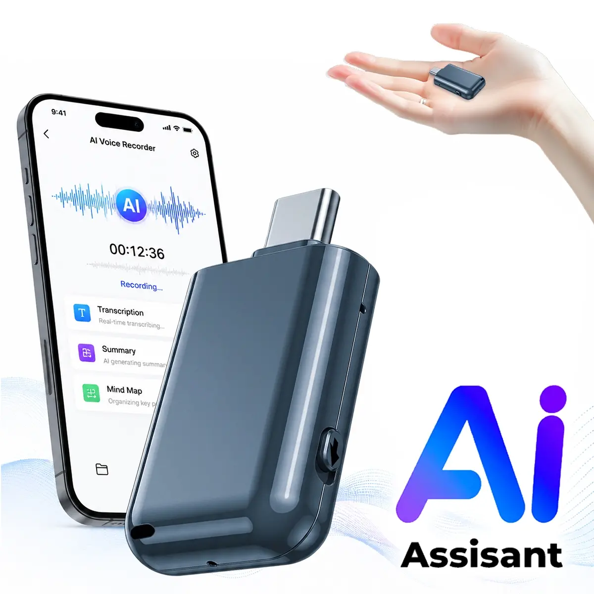 AI Notetaker & Translator, Mini Type-C Voice Recorder with 200+ Languages Translation, Real-Time Transcription, AI Summary & Smart Notes for Meetings, Lectures, Interviews and Travel