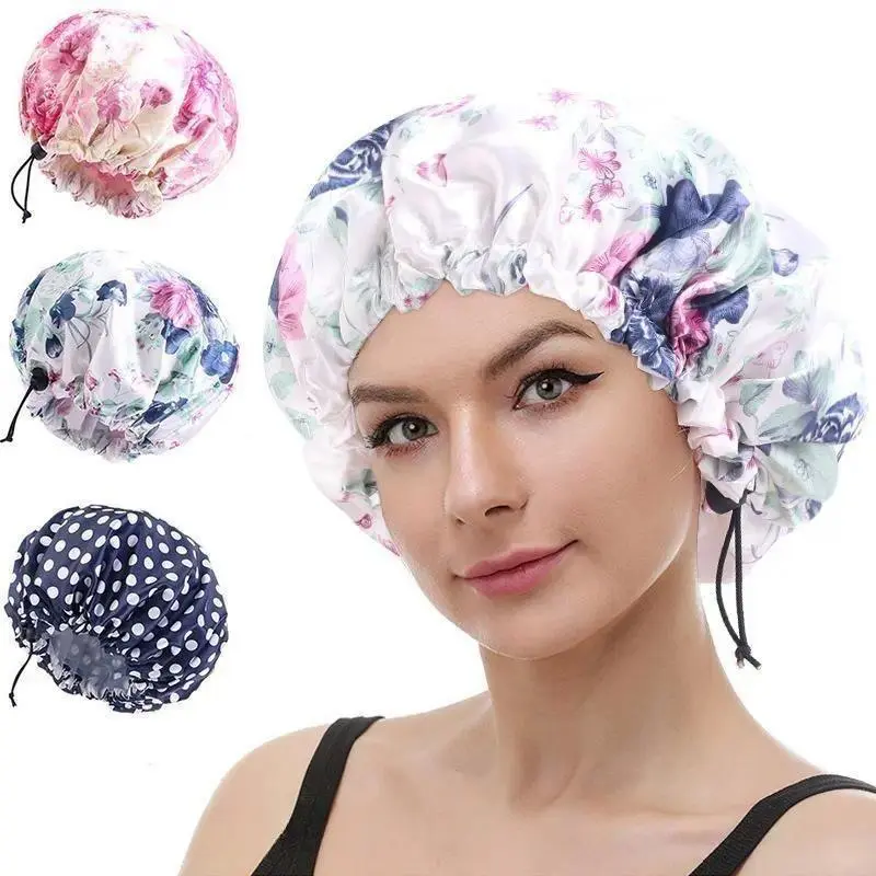 Purple Printed Reusable Shower Cap - Double-Layer Waterproof Elastic Bath Cap, 1-Size Unisex Youth Adjustable Stylish Hair Protection Accessory for Bathroom Shower, Daily Use, One Size, Stylish Print