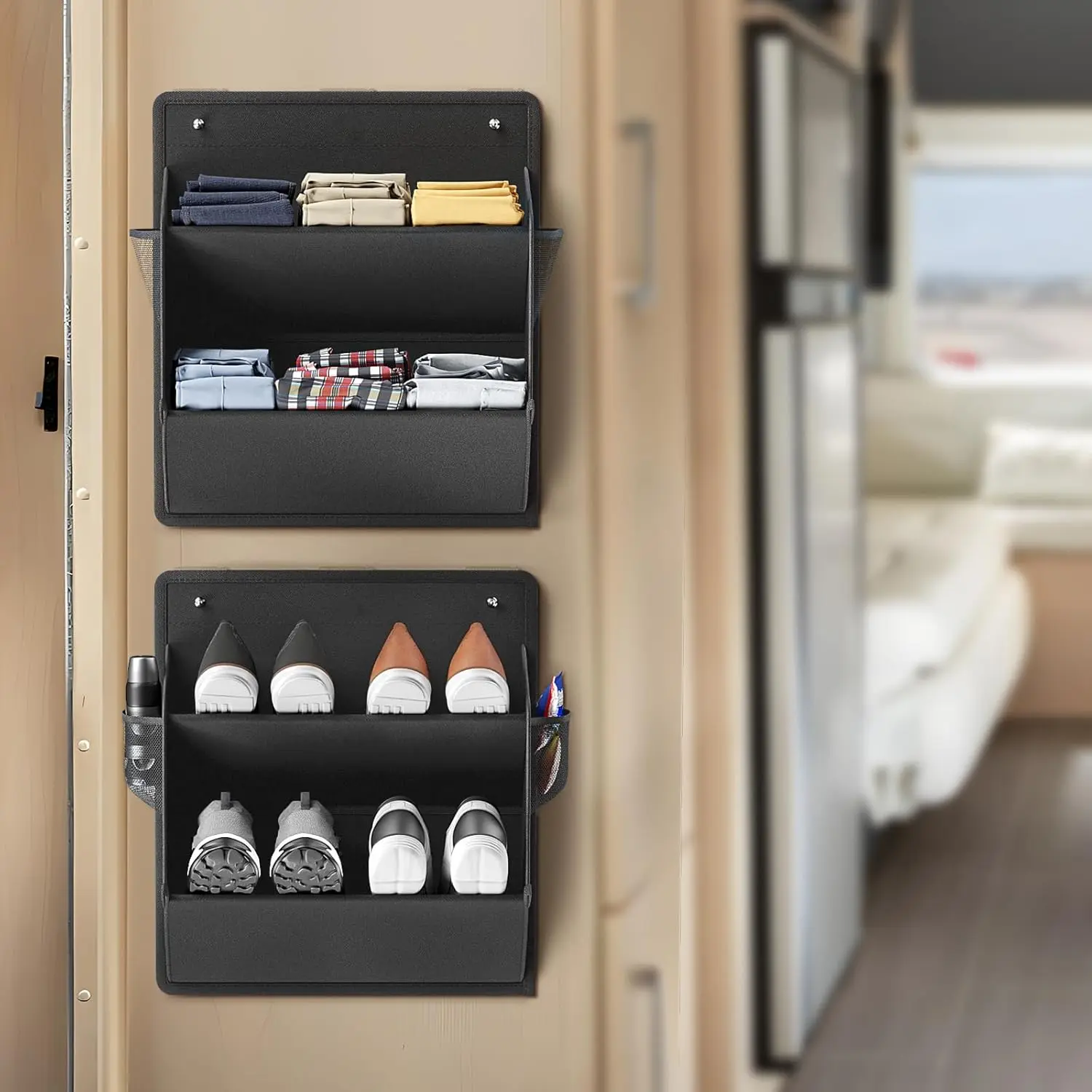 2-Pack Black RV Over-the-Door Wall Hanging Shoe Rack with Sticky Adhesive Door Mount, Large Deep Pockets Space-Saving Organizer for Camper, Narrow Closet Storage