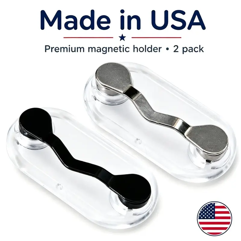 2-piece set of magnetic glasses clips, stainless steel black glasses holder, strong magnetic storage clip, suitable for reading glasses, sunglasses, blue light glasses, safety glasses, and headphones, hands-free portable daily accessory, made in the USA