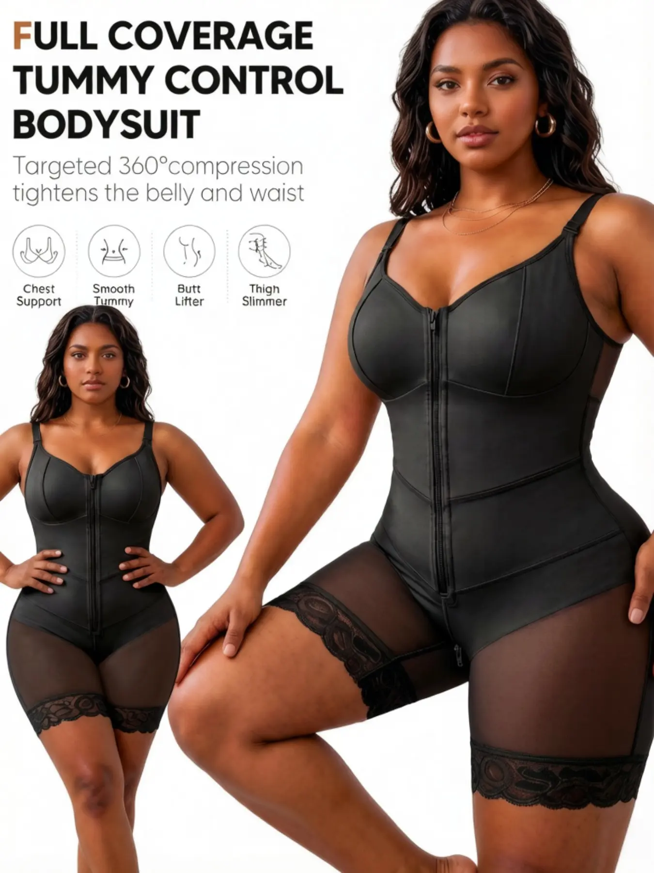1 Count Women's Butt Lifting & Tummy Control Shaperwear, Colombian Shapewear, Fajas, Lace Trim Bodysuit, Adjustable Shoulder Strap Shapewear Bodysuit, Zipper Closure Jumpsuit, V-Neck Soft Skin-Friendly Body Shaper, Perfect For Daily Comfort