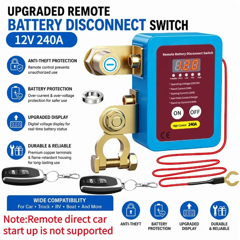 240A Remote Battery Disconnect Switch with LED Voltage Display, 12V Theft-Proof Cut off Switch for Cars and Boats, Accessories