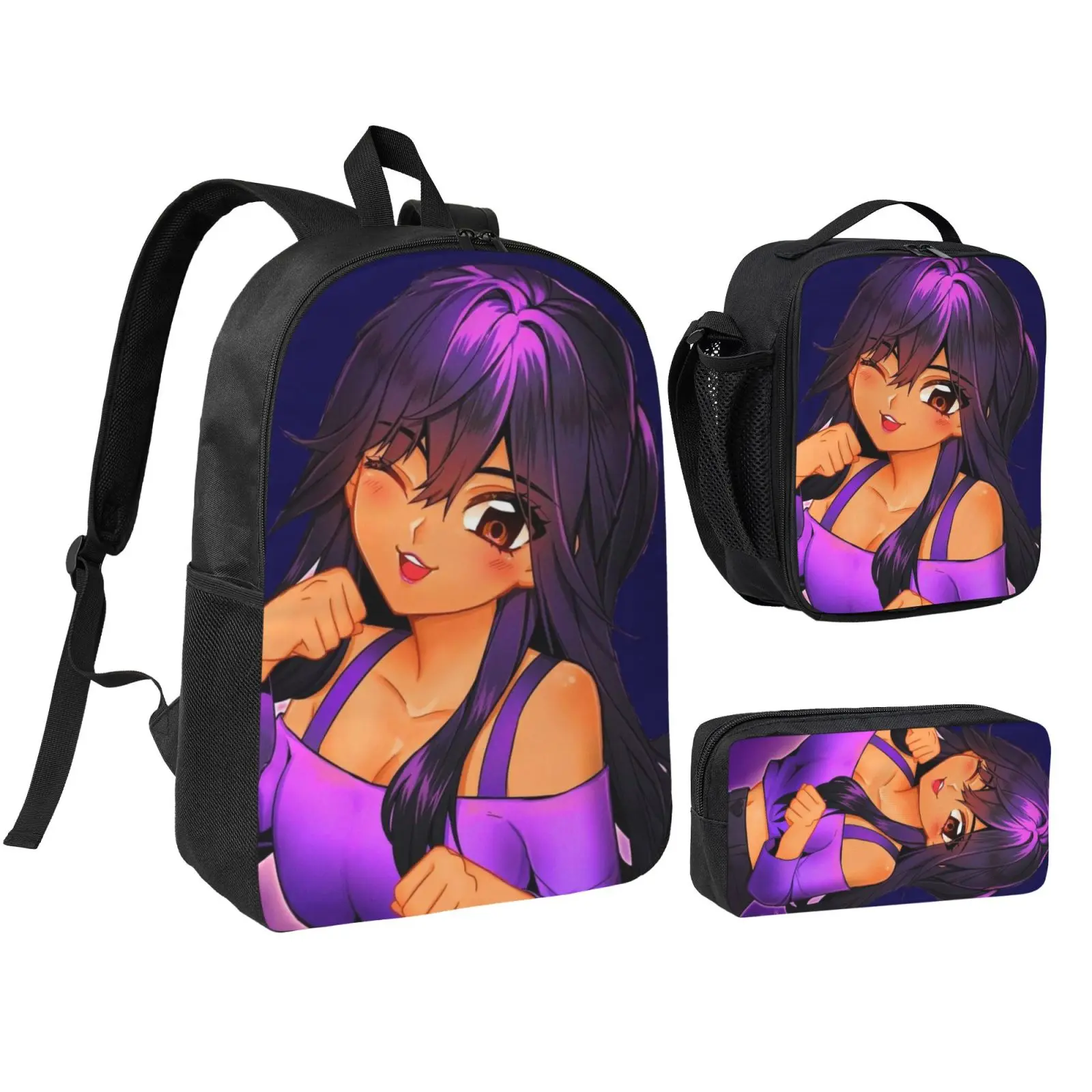 Anime Theme Aphmau3 Unisex Kids School Backpacks Set - 3-Piece Multi-Pieces with Character Print Lunch Bag, Pencil Box, Adjustable Straps for School, Office Travel