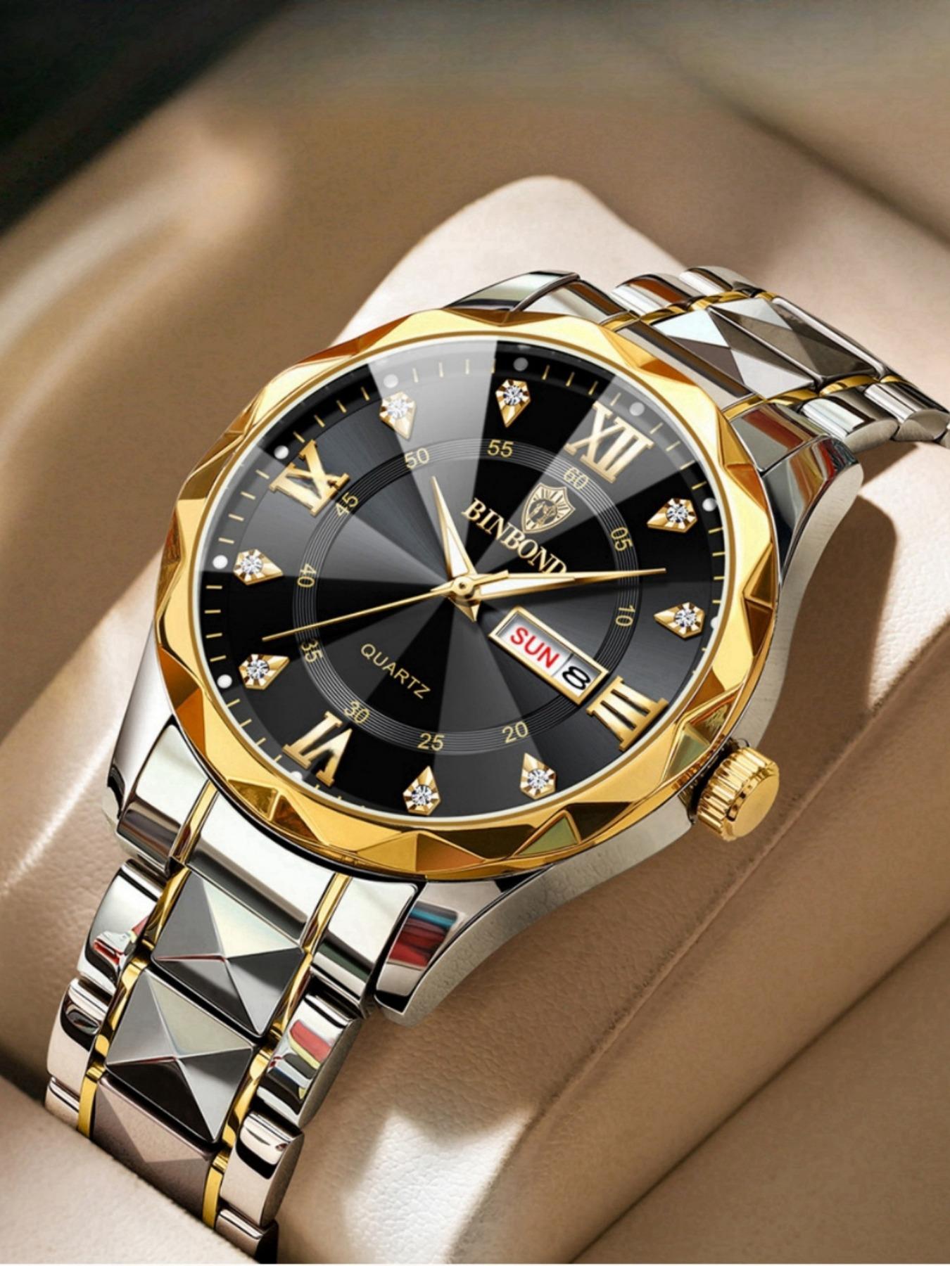 Men's Business Fashion Rhinestone Decor Analog Quartz Watch, Calendrier Waterproof Watch for Party, Daily Decor, Trendy Watch for Birthday Gift with Box, Stainless Steel Wristwatch, Rhinestone Embellished Watch