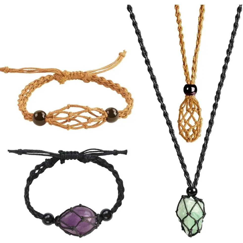 DIY Jewelry Cage Holder Set - 4-Count Empty Stone Holders, Hand-Woven Adjustable Cord Necklace & Bracelet, Gifts, Ornaments, Father's Day Gifts