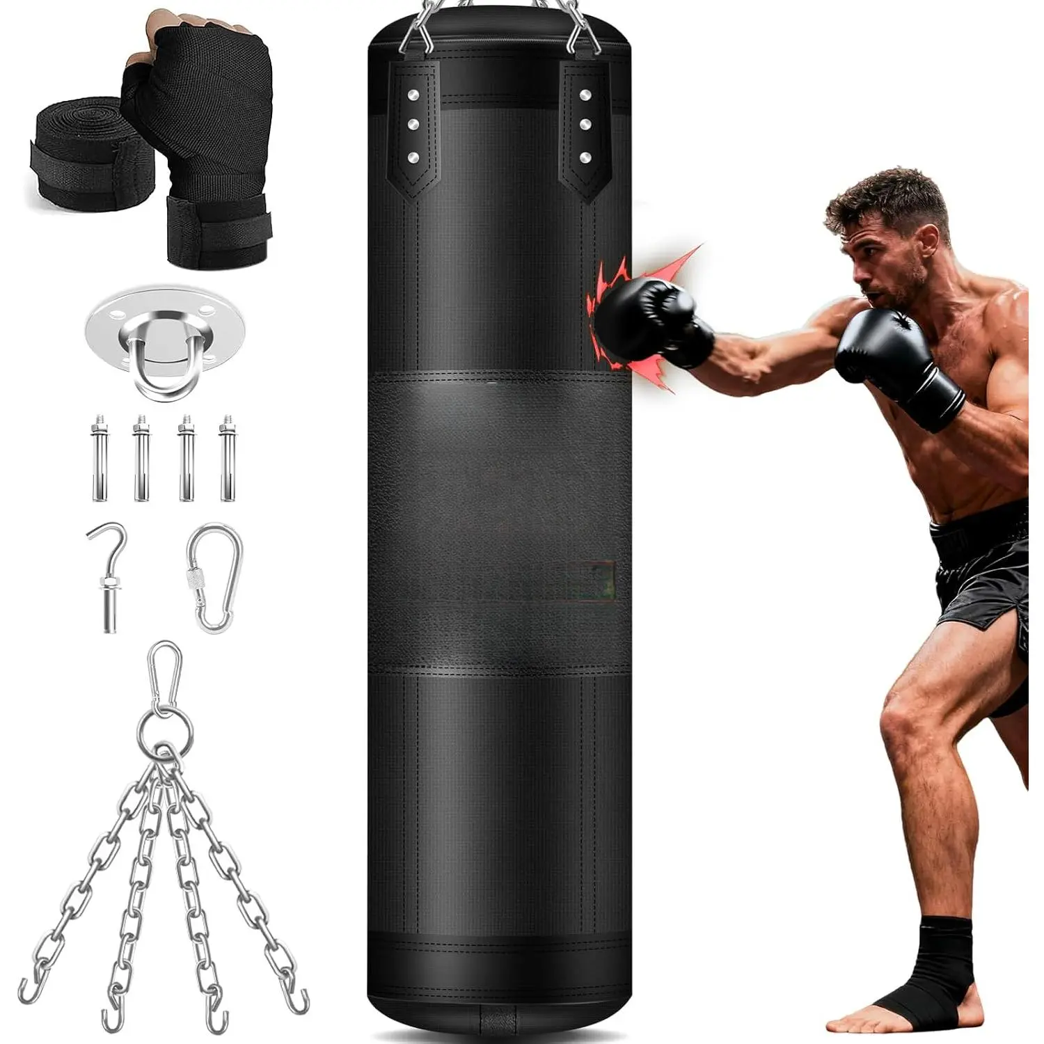 Punching Bag for Adults, 4FT PU Heavy Boxing Bags with Chain Ceiling Hook, Hanging Boxing Bag for Kickboxing Muay Thai Karate Judo Taekwondo Home Gym Training, Unfilled