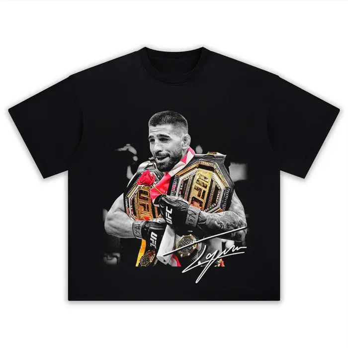 "Vintage Distressed Black UFC Ilia Topuria Official Champion Merch, Same Dual Title Belts Victory Fighter Portrait Signature Graphic Front Print Available In Tee And Tank Top, Unisex Oversized Heavy Cotton Daily Casual Gym Outfit "