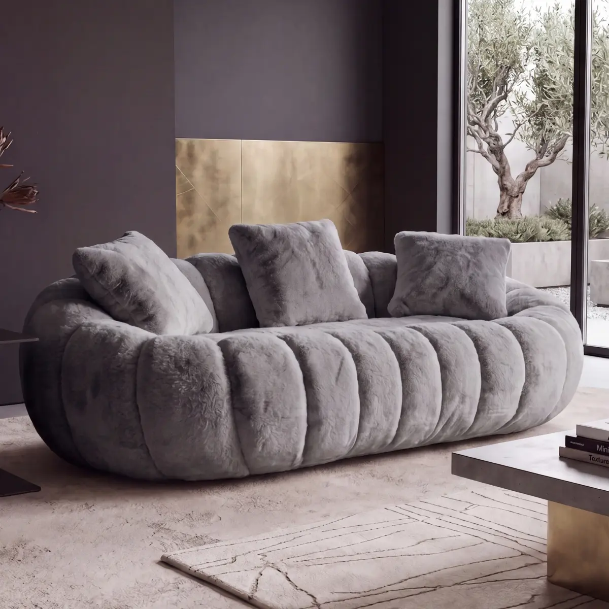 Fluffy Bean Bag Loveseat, Cloud Giant Bean Bag Couch for Adults with Filling and 3 Pillow, Soft Faux Fur Floor Sofa & Cozy Reading Chair for Bedroom, Living Room, Apartment (Grey, Lovesear)