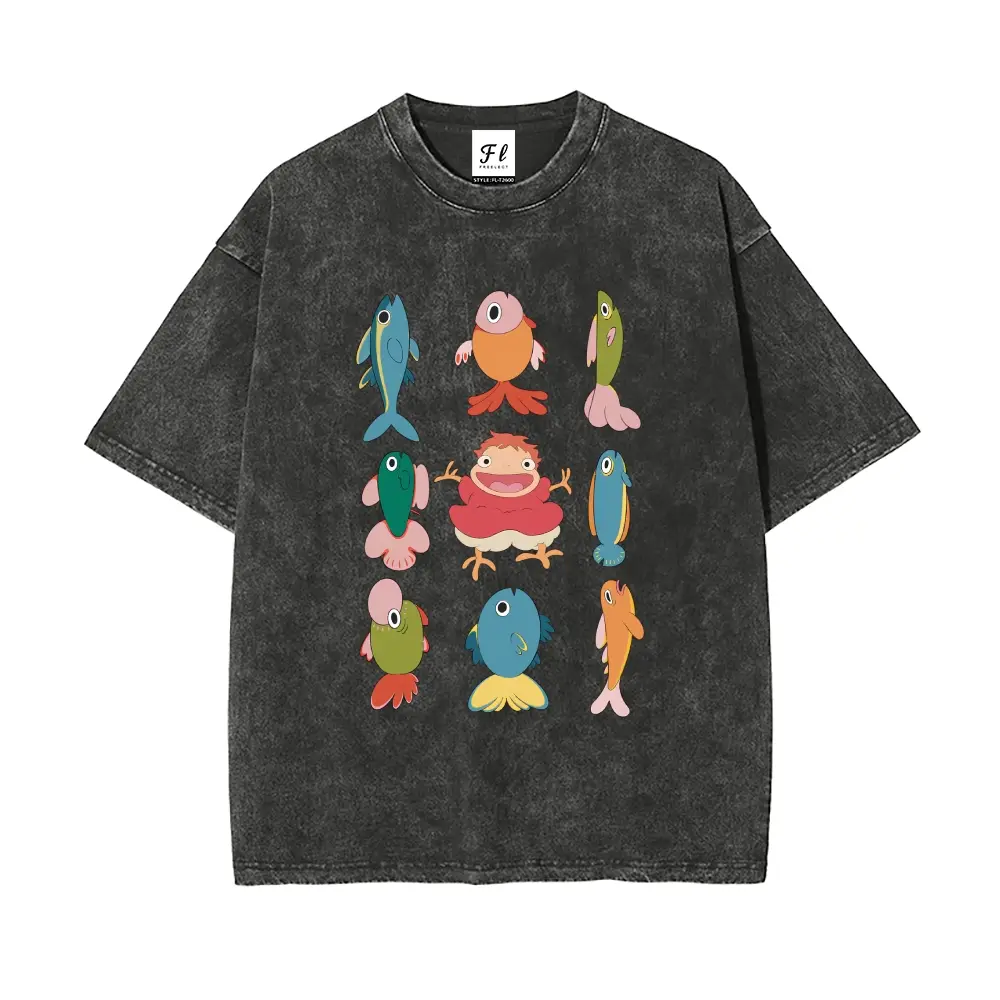 Studio Ghibli Ponyo with Colorful Fish Print Washed T-Shirt