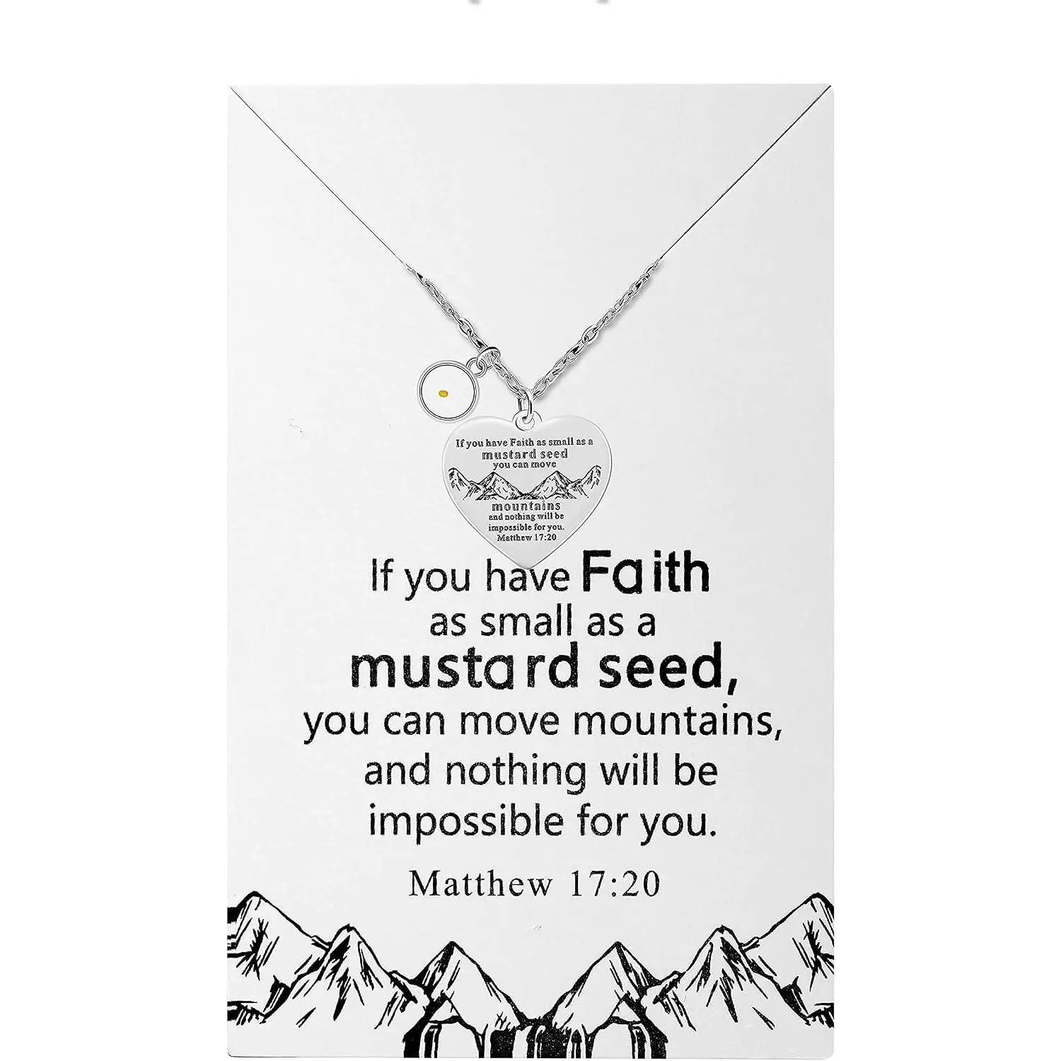 Faith Moves Mountain Necklace Double Sided Heart  Pendant with Mustard Seed, with  Box Y856