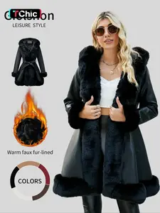 Giolshon Women's Fall & Winter PU Long Jackets, Warm Casual Hooded Fitted Coats with Detachable Belt and Faux Fur, Everyday Stylish Outerwear