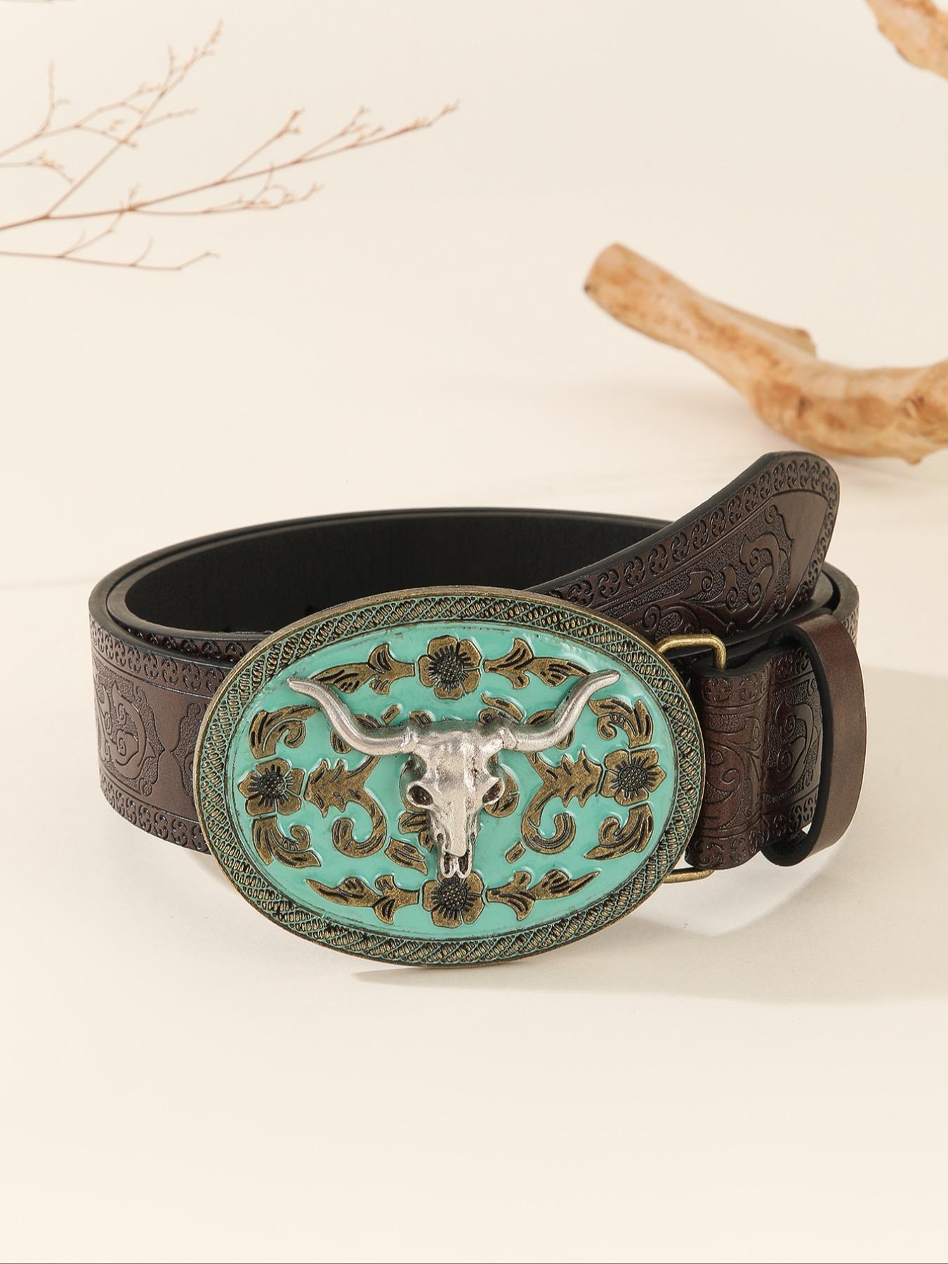 Vintage Flowers Embossed Western Belt with Cow Decor Buckle, Western Belt Buckles, Fashion All-match Cowboy Waistband for Jeans, Trendy Accessories for Daily Life
