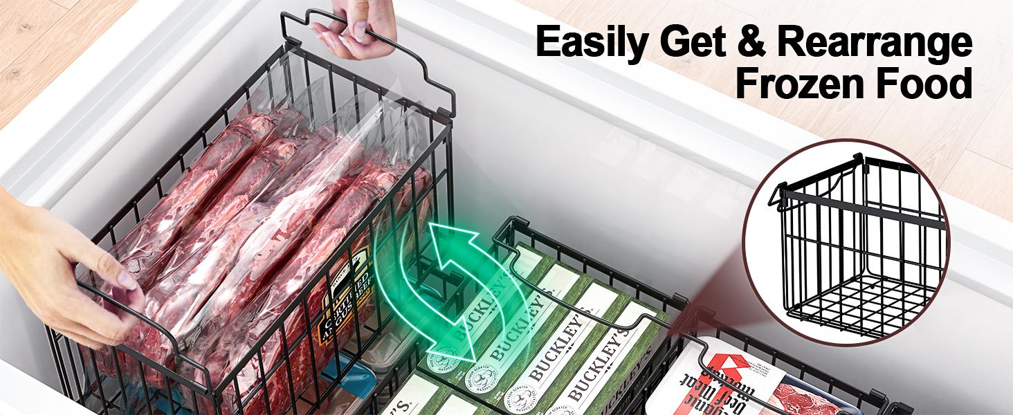 Organizer Bins, 4 Pack Stackable Deep Chest Freezer Organizer Bins, Foldable Baskets with Handles, Black Storage Container Baskets for 5/ 7 Cu.FT Deep Freezer Sort Frozen Meats