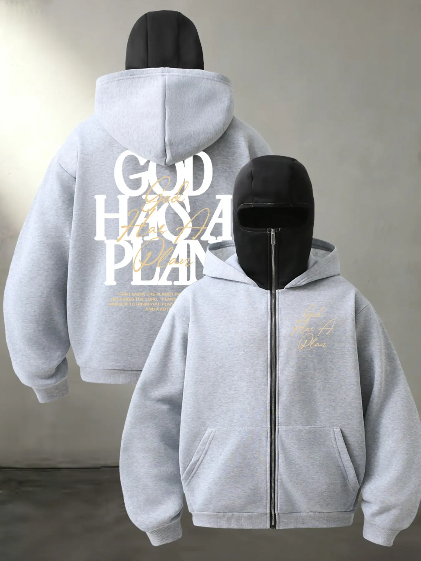 Full Zip Hoodie Sweatshirt, Front Script Letter & Back God Has A Plan Bible Print, Kangaroo Pocket, Oversized Soft Fabric Faith Streetwear for Urban Daily Casual Matching Outfits#ZipUpHoodie #FaithStreetwear #BibleVersePrint #ChristianClothing