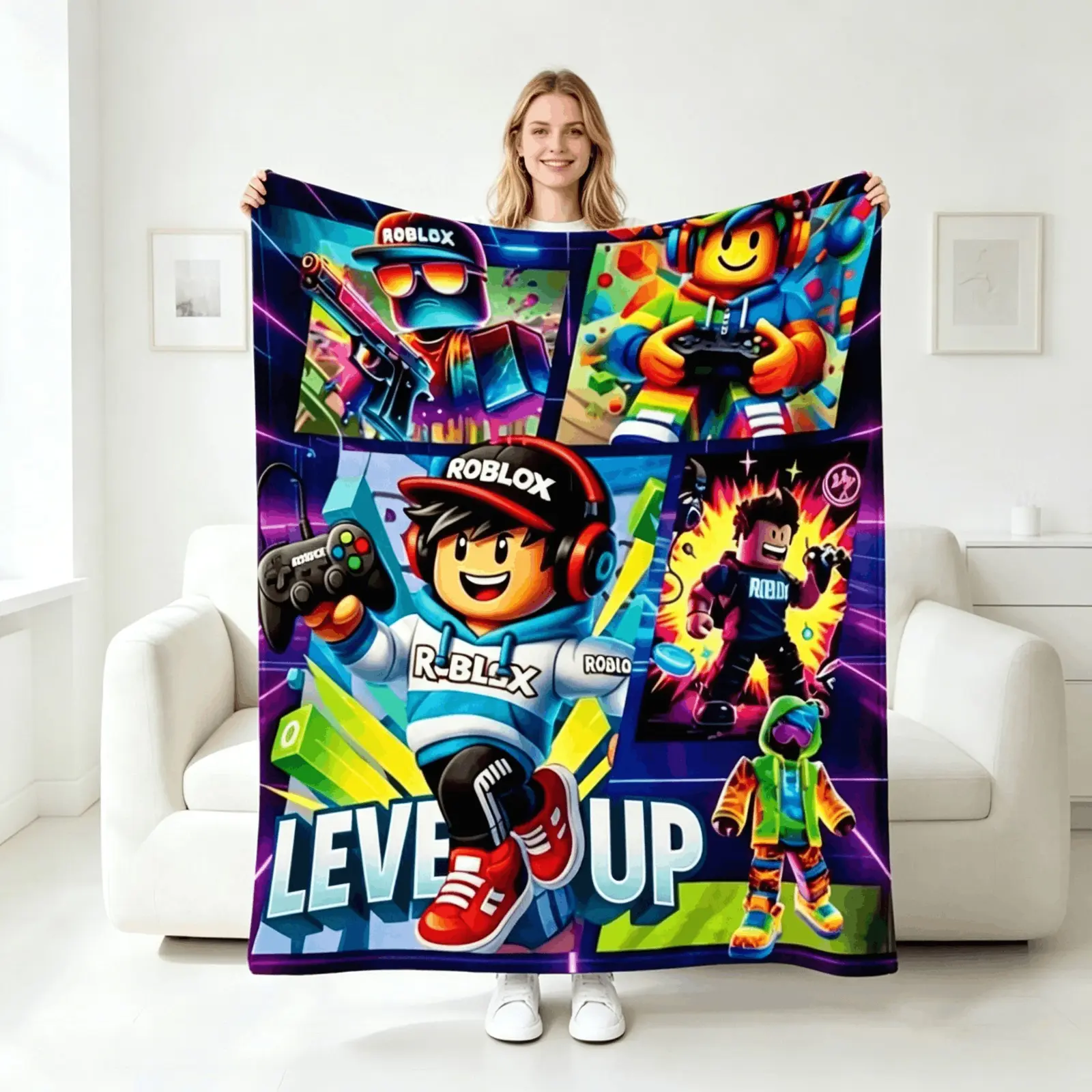 blankets Roblox Anime Style Graffiti Street Art Flannel Blanket Soft Warm Gamer Throw Kids Blanket Adult Blanket For Bedroom Sofa Travel Level Up Aesthetic Gift home goods