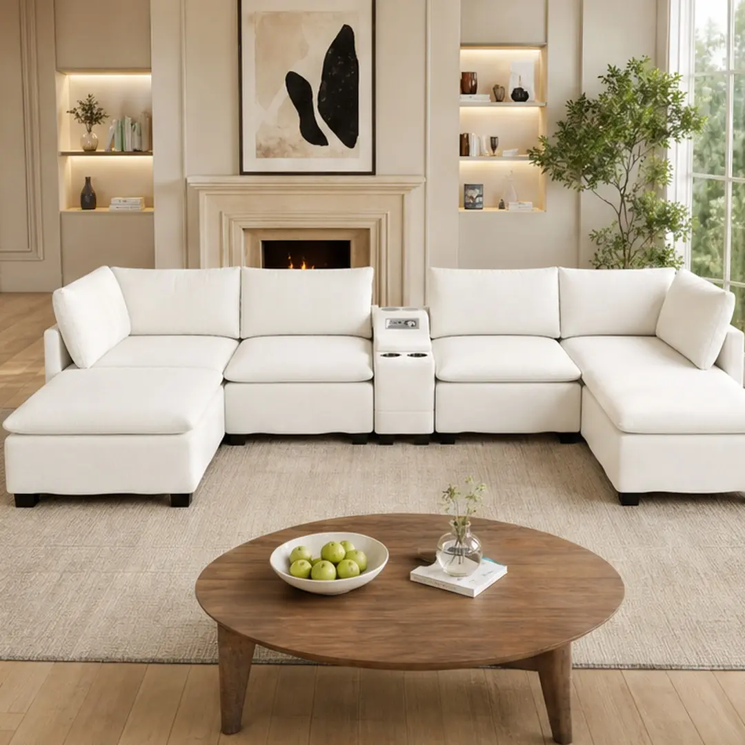 ARCH 121.2" Modular U-Shaped Cloud Sectional Sofa with Movable Ottoman, Chenille Convertible Sofa Bed with Hidden Storage, USB Ports, Cup Holders, Bluetooth Speaker for Living Room, Apartment, Multiple Color Options, Beige/Green/Grey/White Color