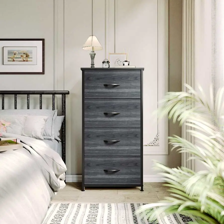 Homnibu Dresser With 4 Drawers - Storage Tower, Organizer Unit Bedroom, Hallway, Closets & Nursery - Sturdy Steel Frame, Wooden Top & Easy Pull Bins, Charcoal Black Wood Grain