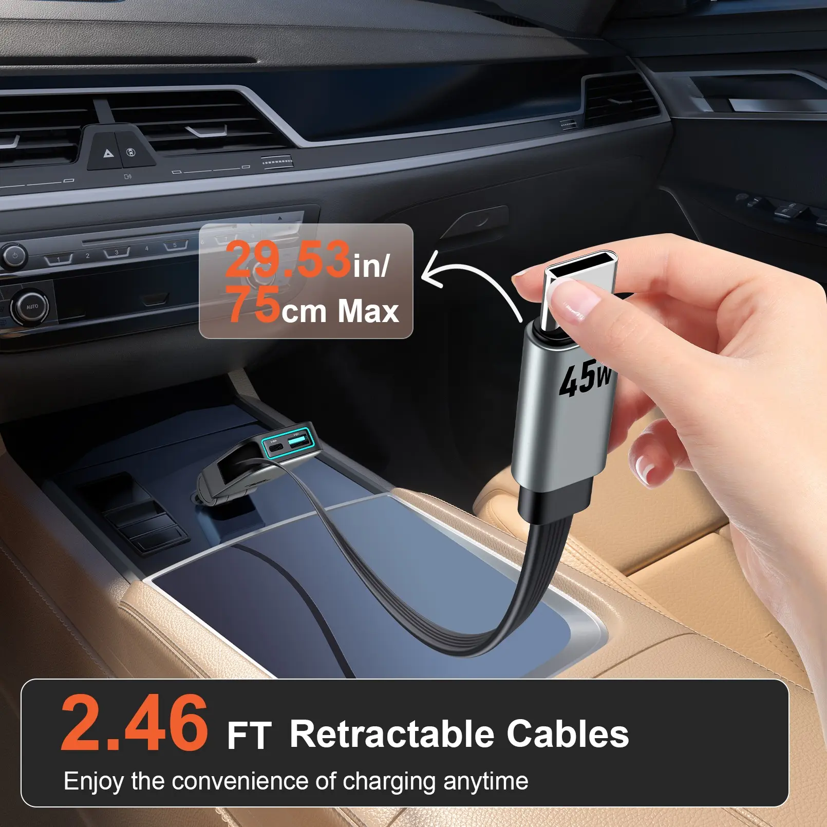 4-in-1 Super Fast 72W Retractable Car Charger - Cigarette Lighter Adapter with 45W Type-C Cable, Dual Charge Ports, Magnetic Anti-Tangle Storage & LED Ring Light for iPhone 16/15, Samsung S26, Road Trip