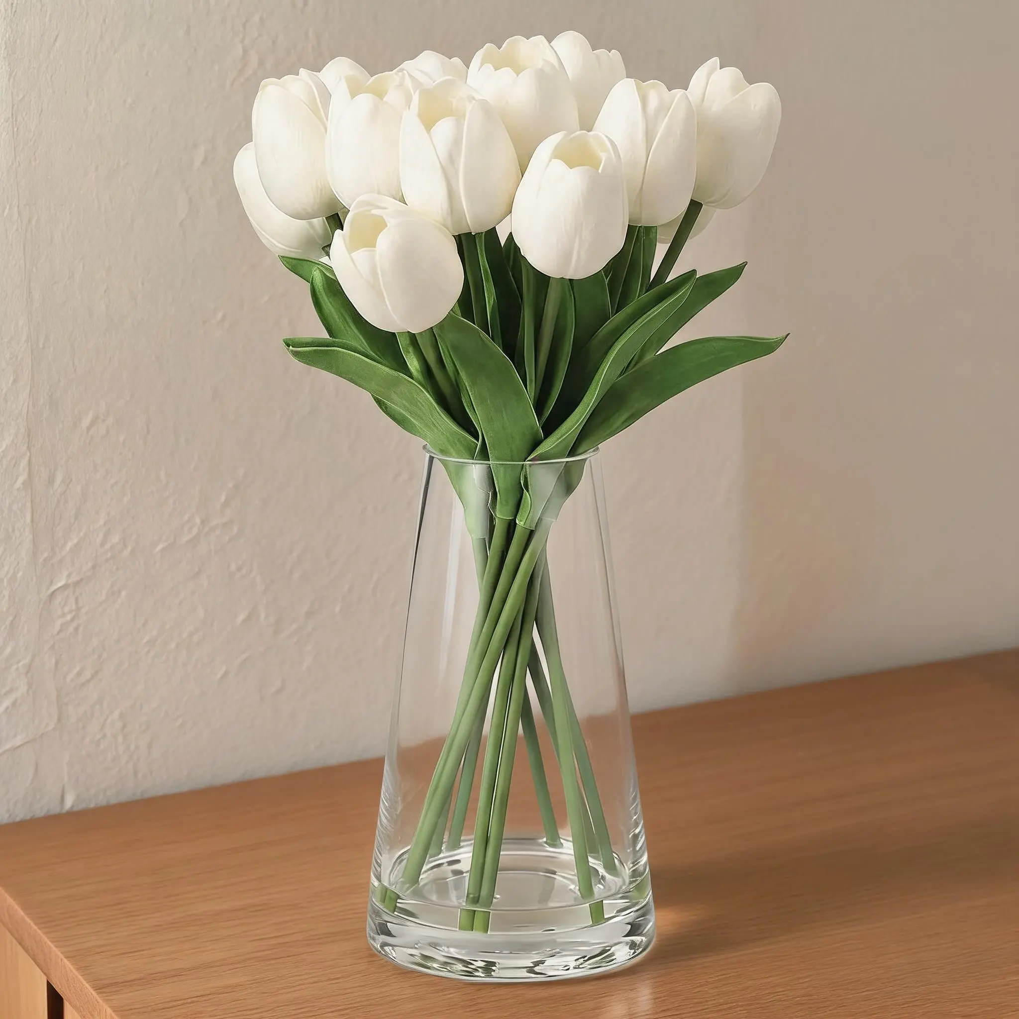 10Pcs Lifelike Rubber-PU Artificial White Tulip Bouquet with Vase, 13.9in Easy-Maintain Home Table Decor for Mother's Day, Wedding