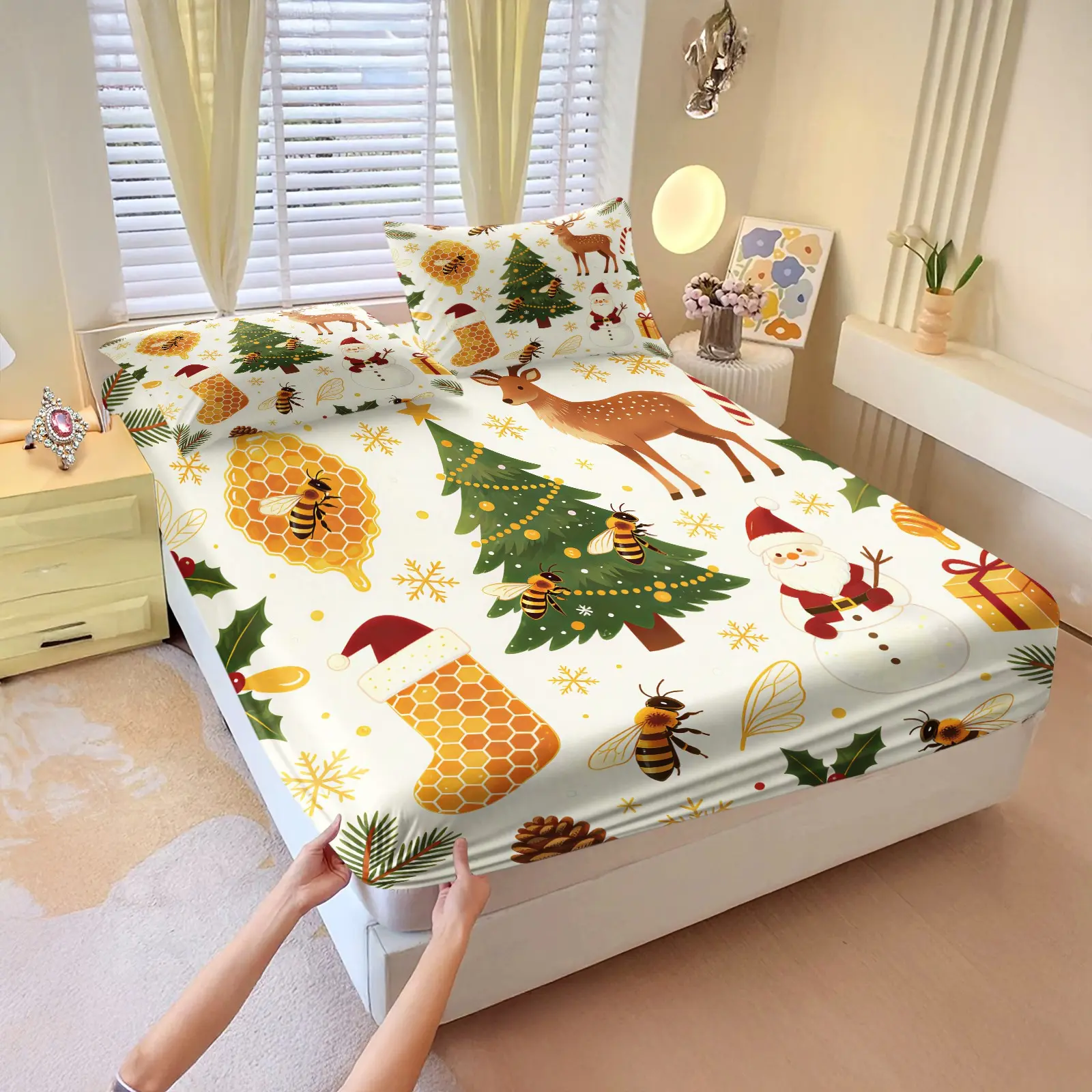 3-Piece Artistic Creative Christmas Fitted Sheet Set with Multi-Style Holiday Prints, Machine-Washable Skin-Friendly Fabric, Mattress Protection Design, Perfect for Festive Bedroom Ambiance, All-Season Bedroom Decor (Pillow Cores Not Included)