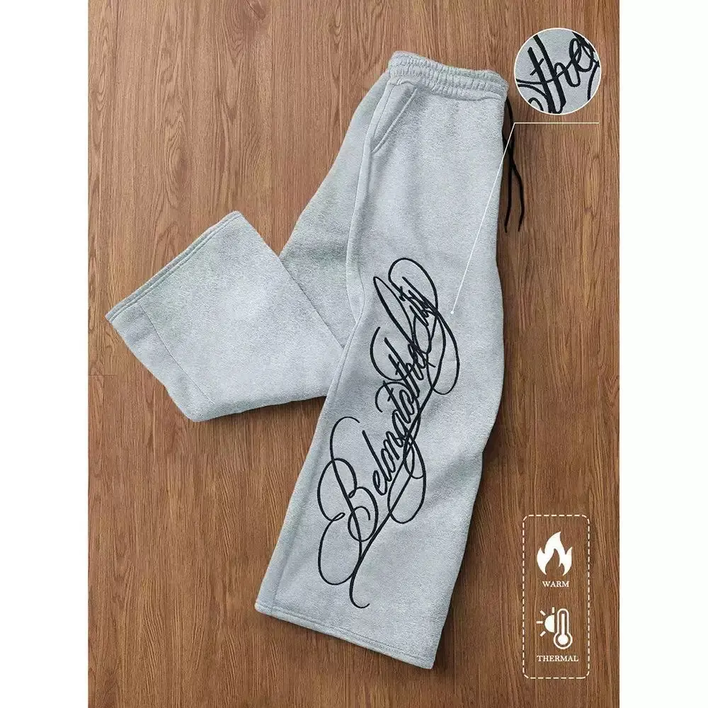 Unisex Cotton Black Wide Leg Loose Casual Relaxed Fit Sweatpants with Silver Script Print Streetwear Pants