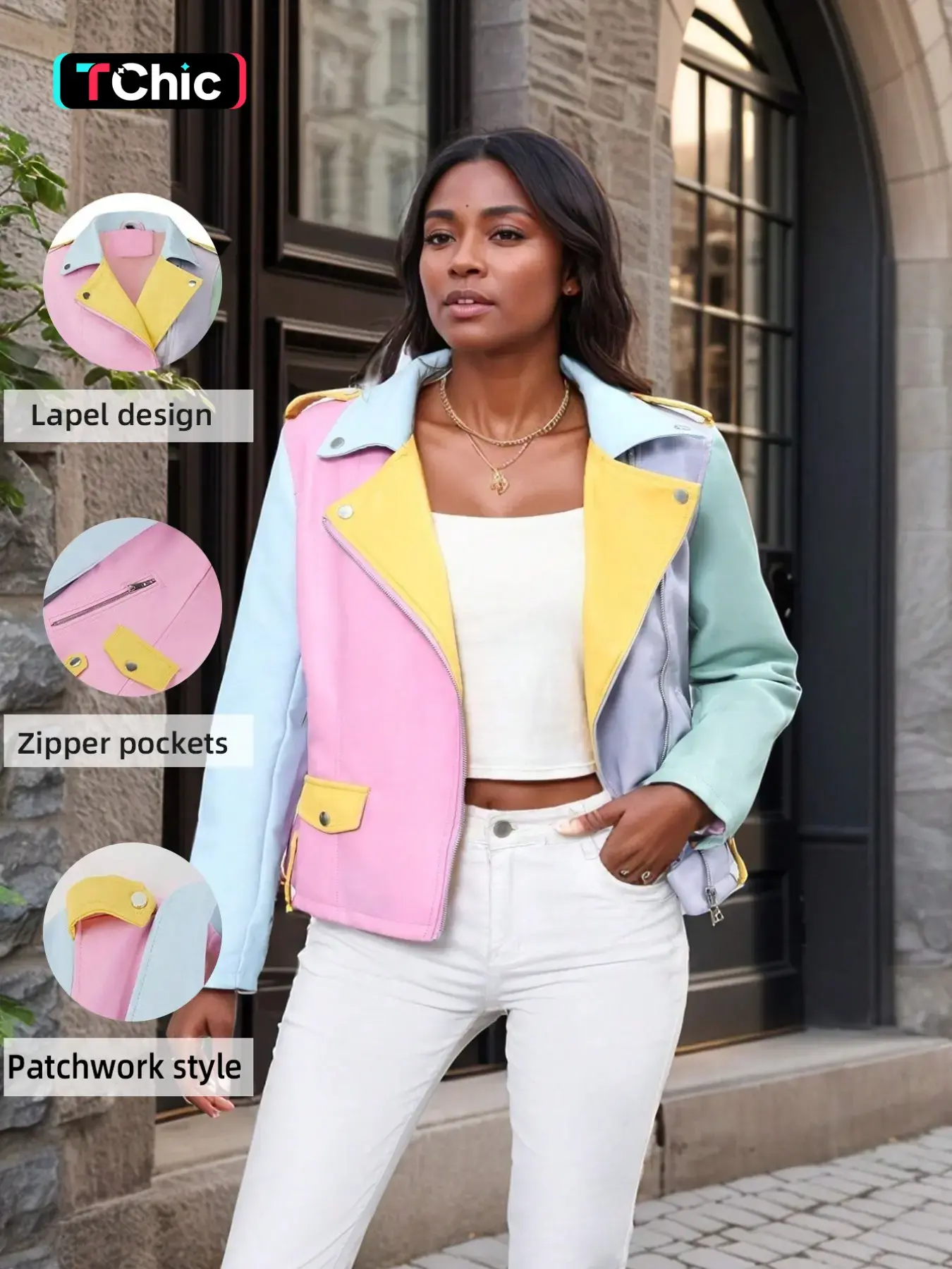 Geschallino Women's Stylish Casual Fitted Long Sleeve Motorcycle Jacket with Colorful Patchwork, Zipper Pockets for All Seasons, Short Design with Collar