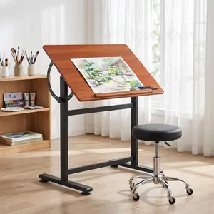 Folding TV Tray Table for Eating on Couch, 0°-90° Tilting Drawing Table, Steel-Wood Art Drafting Table with Anti-Slip Lip, for Artists, Architects, Students, 35.4" x 23.6", Walnut Finish