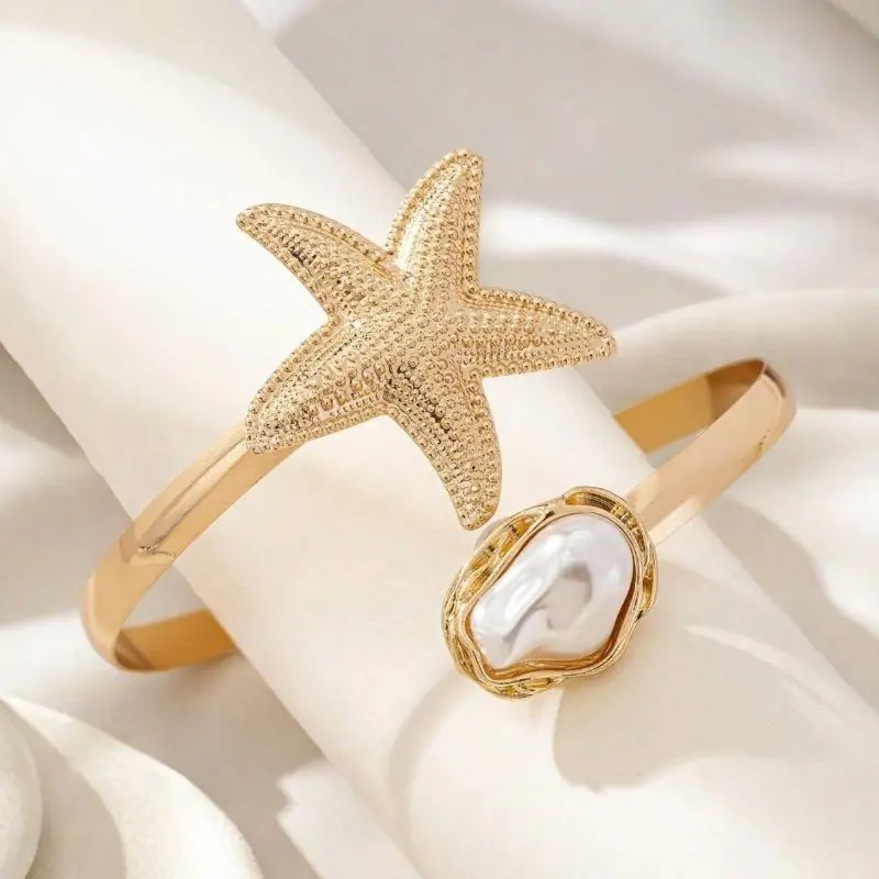 Ocean Style Starfish Imitation Pearl Arm Ring, Adjustable Upper Arm Bracelet, Versatile Summer Beach Arm Decoration for Women