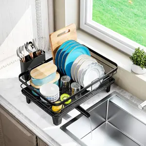 Dish Drying Rack for Kitchen Counter, Sink Dish Rack with Drainboard 12.2" W x 16.5" L, Large Dish Drainer with Cutlery Holder, Home Countertop Plate Dryer Storage Rack, Black