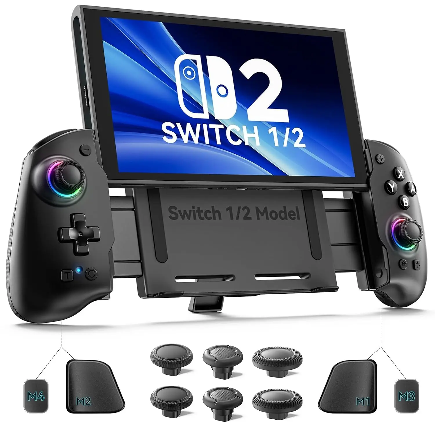 Switch Controller Handheld for 1/2/OLED, Ergonomic Grip Stretch Joypad for SW Console, Wireless Game Controller with TMR Joysticks, RGB Lighting, Turbo, 4 Macros & Card Slot