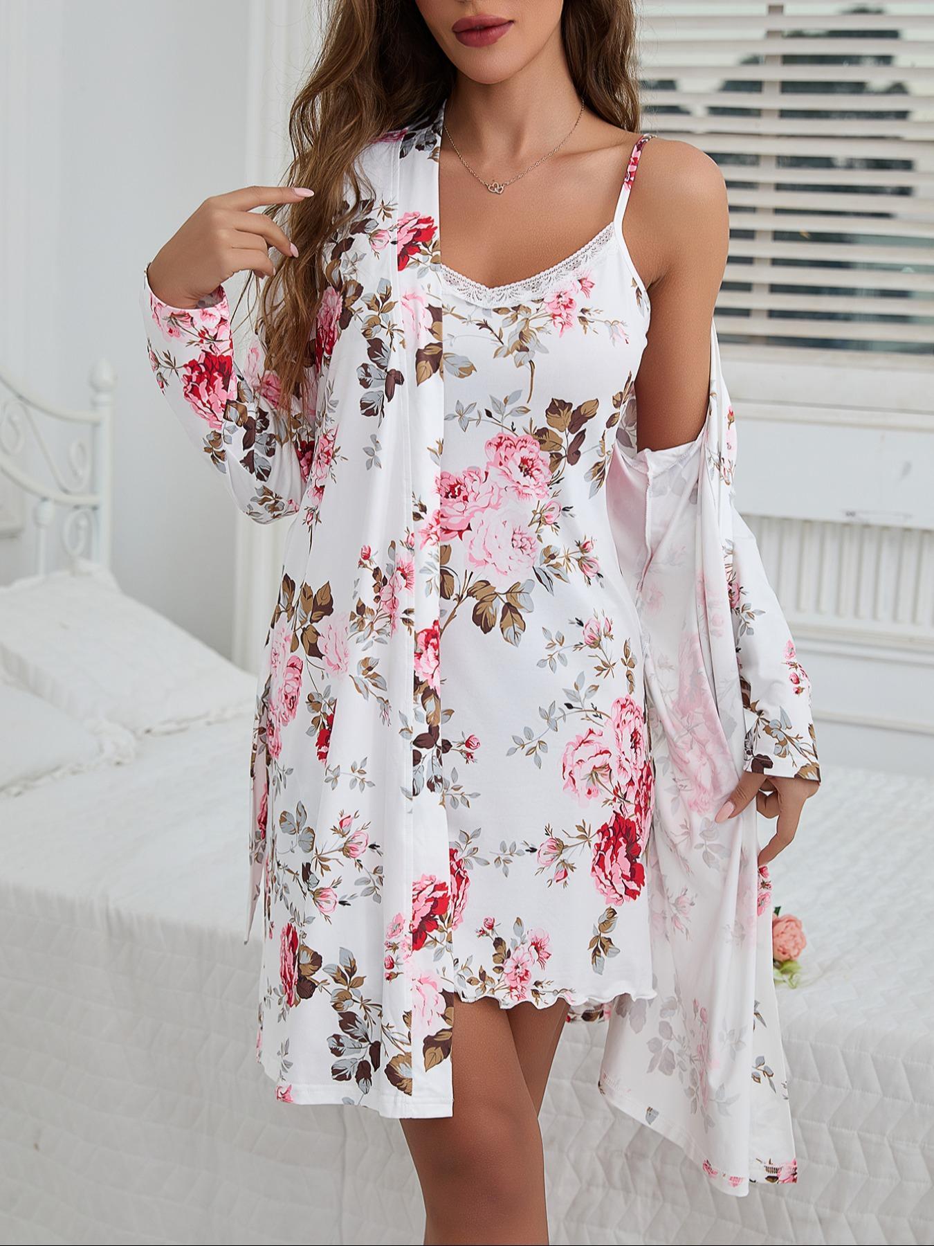 Women's Floral Print Belted  Robe & Cami Nightdress Two-piece Set, Casual Comfy Loungewear Set for Women, Ladies Sleepwear for All Seasons