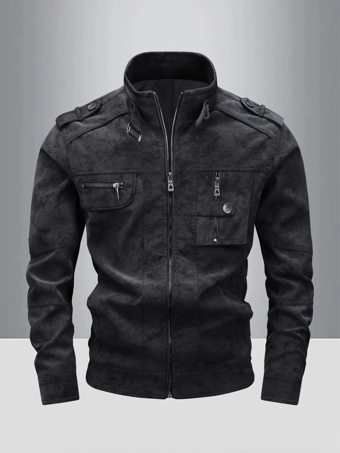 Vintage vintage leather jacket, motorcycle jacket men's stand up collar zipper workwear leather jacket, American casual slim fit PU leather jacket, versatile retro cycling leather jacket for autumn and winter, short motorcycle jacket with multiple pockets