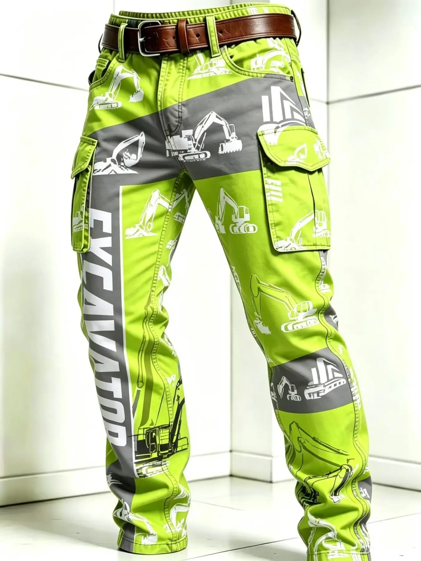 Youth Fluorescent Excavator Print Cargo Pants, All-Season Casual Outdoor Workwear, Multi-Pocket Tactical Trousers for Halloween Camping Fishing