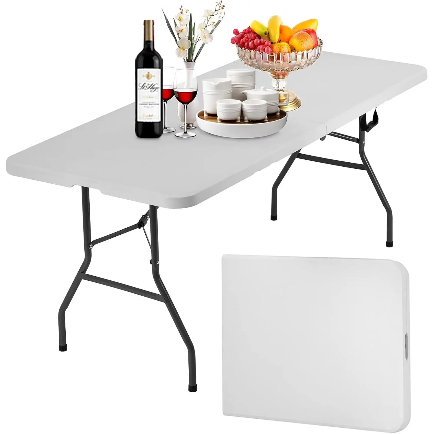 Folding Table 6 ft | Heavy Duty Plastic Picnic Table Indoor Outdoor | Portable Camping Dining Party Utility Table | Easy to Assemble & Foldable - White