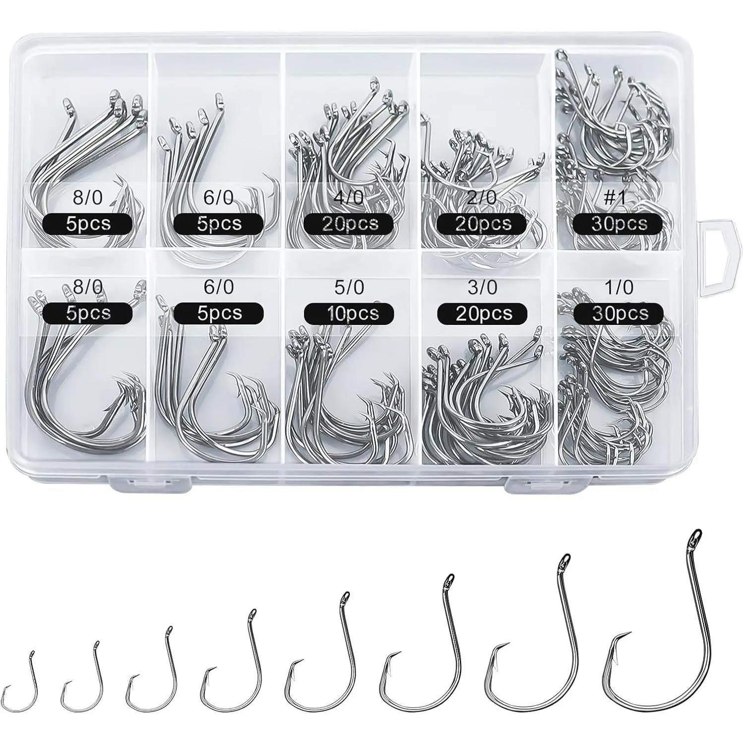 150 count Circle Hooks,  High Carbon Steel  and Saltwater Fishing Hooks, Variety of Different Sizes Circle Hook - Size:#1 1/0 2/0 3/0 4/0 5/0 6/0 8/0