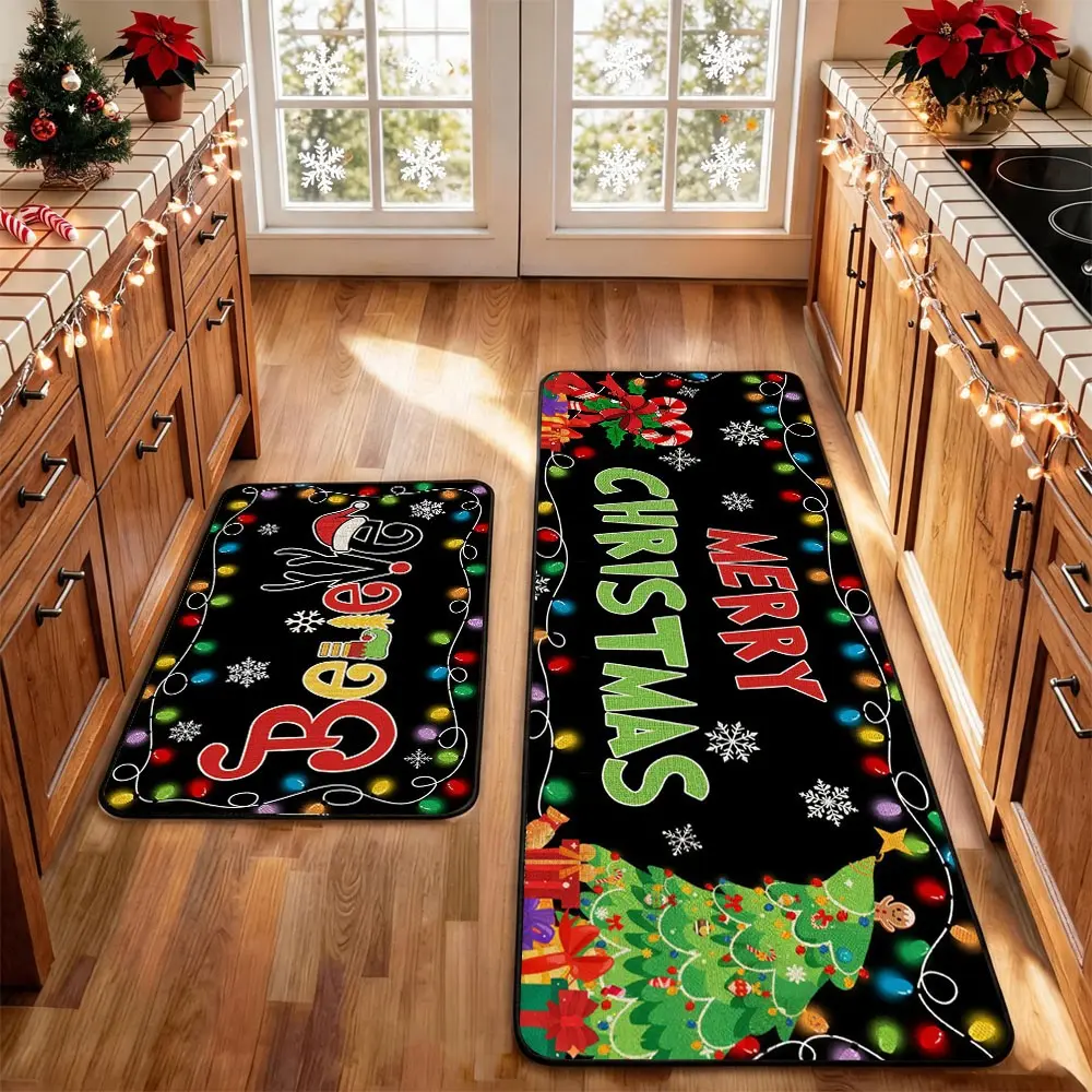 2 Pcs Christmas Kitchen Rug Mat Gnomes Gingerbread Tree Santa Clause Snowflake Red Black Floor Mat Set Farmhouse Kitchen Rug Non Slip Restaurant Floor Dining Room Laundry Room Decor Carpet Mat Winter Decor Home Decor Rug