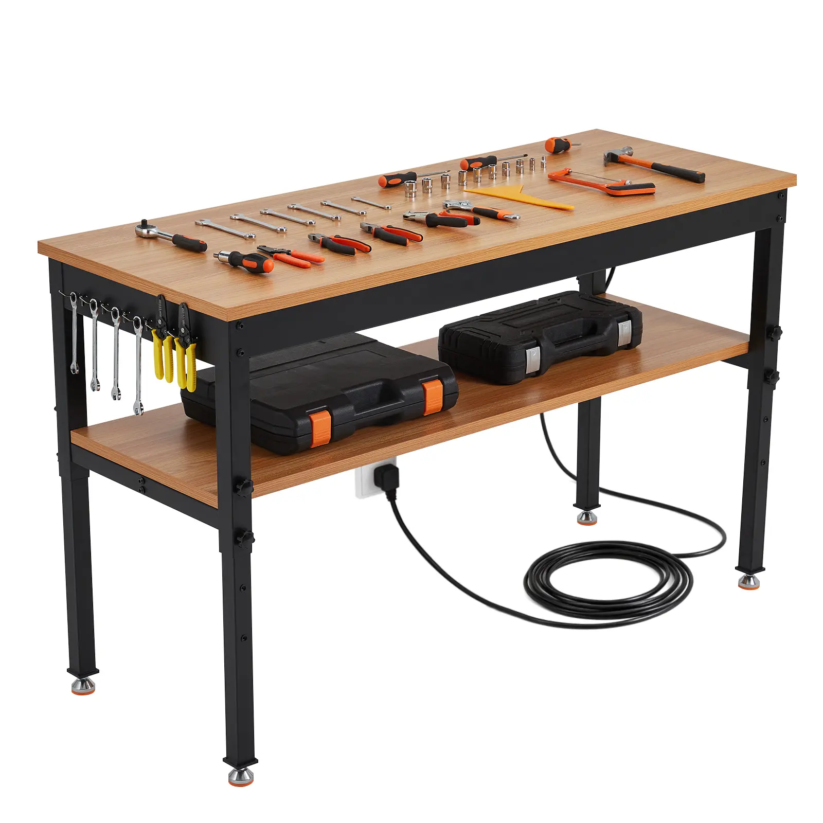 Garvee Height-Adjustable Steel Frame Workbench with 2500 LBS Heavy-Duty Capacity, ETL Power Strip, 2-Layer Storage Shelf, Wood Top, 3 Height Settings for Garage, Workshop, 2-Layer Shelf, Height Adjust