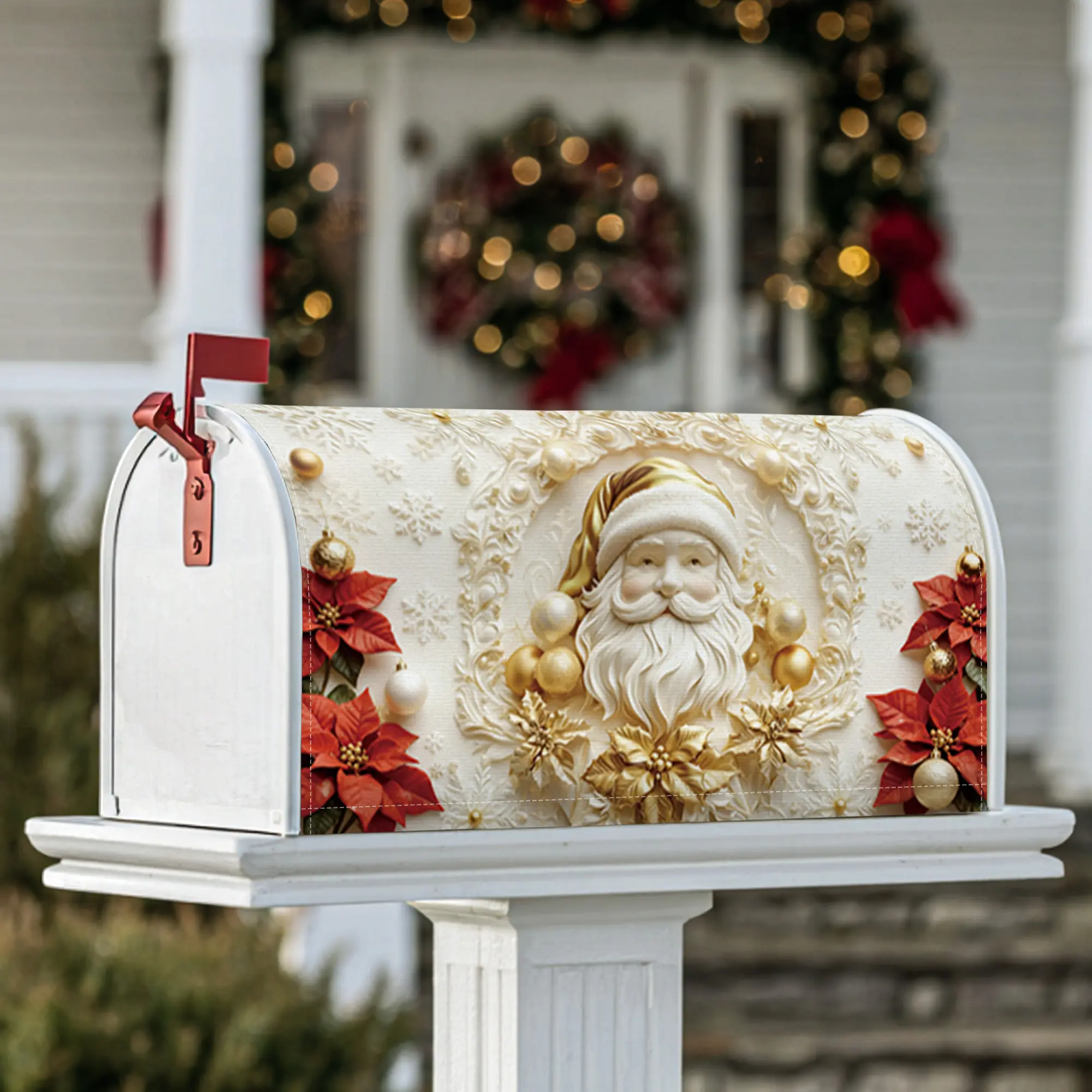 Santa Claus Magnetic Mailbox Covers, Christmas festive poinsettia gold ornaments Christmas red Holiday Mailbox Cover for Outdoor Garden Decor