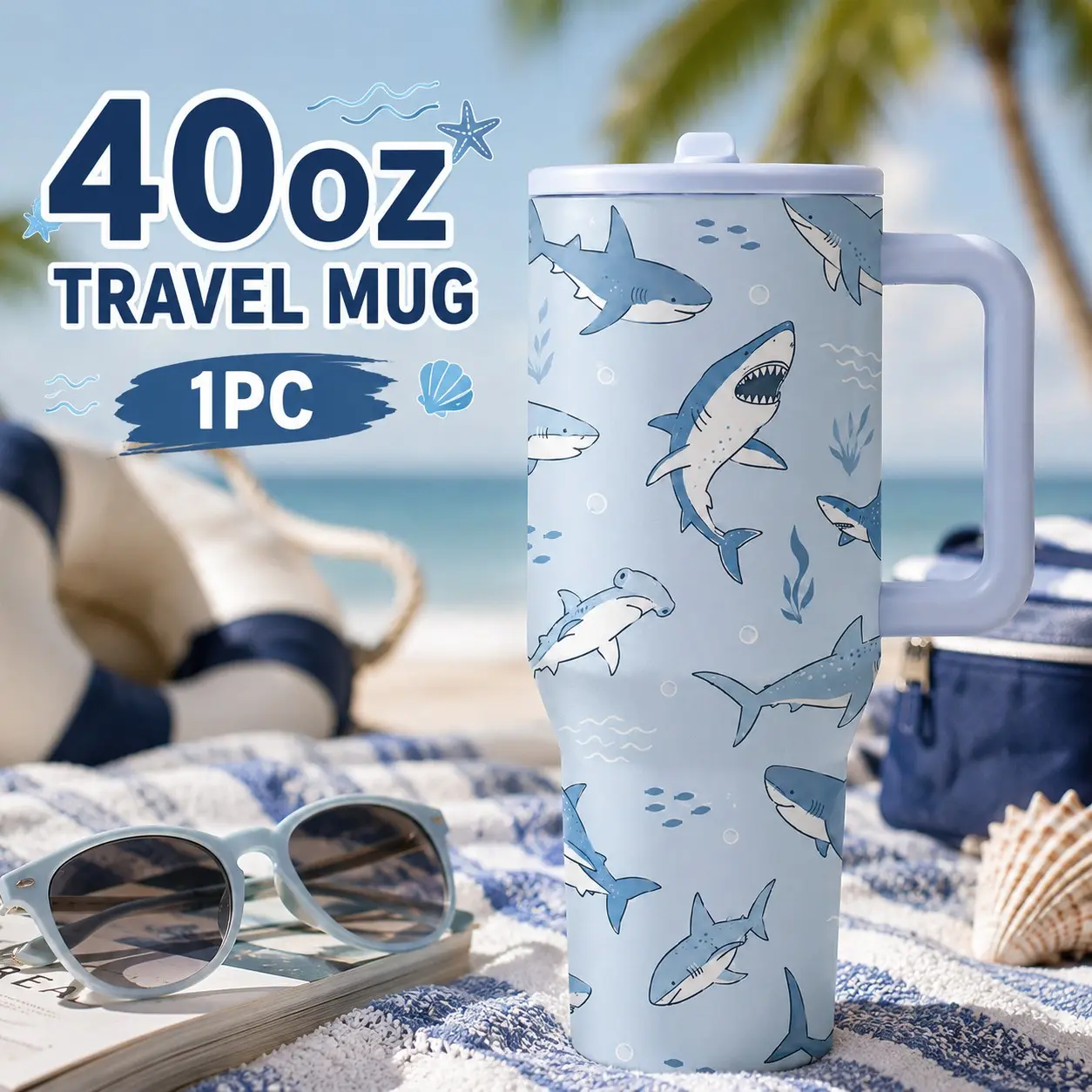1 Pc 40oz Shark Print Vacuum Insulated Tumbler with Handle, Double Wall Stainless Steel Travel Mug, Leak-Proof Lid, Keeps Drinks Cold 24H & Hot 12H, Coffee Cup for Beach, Travel, Office, Camping, Gift for Men, Women & Shark Lovers