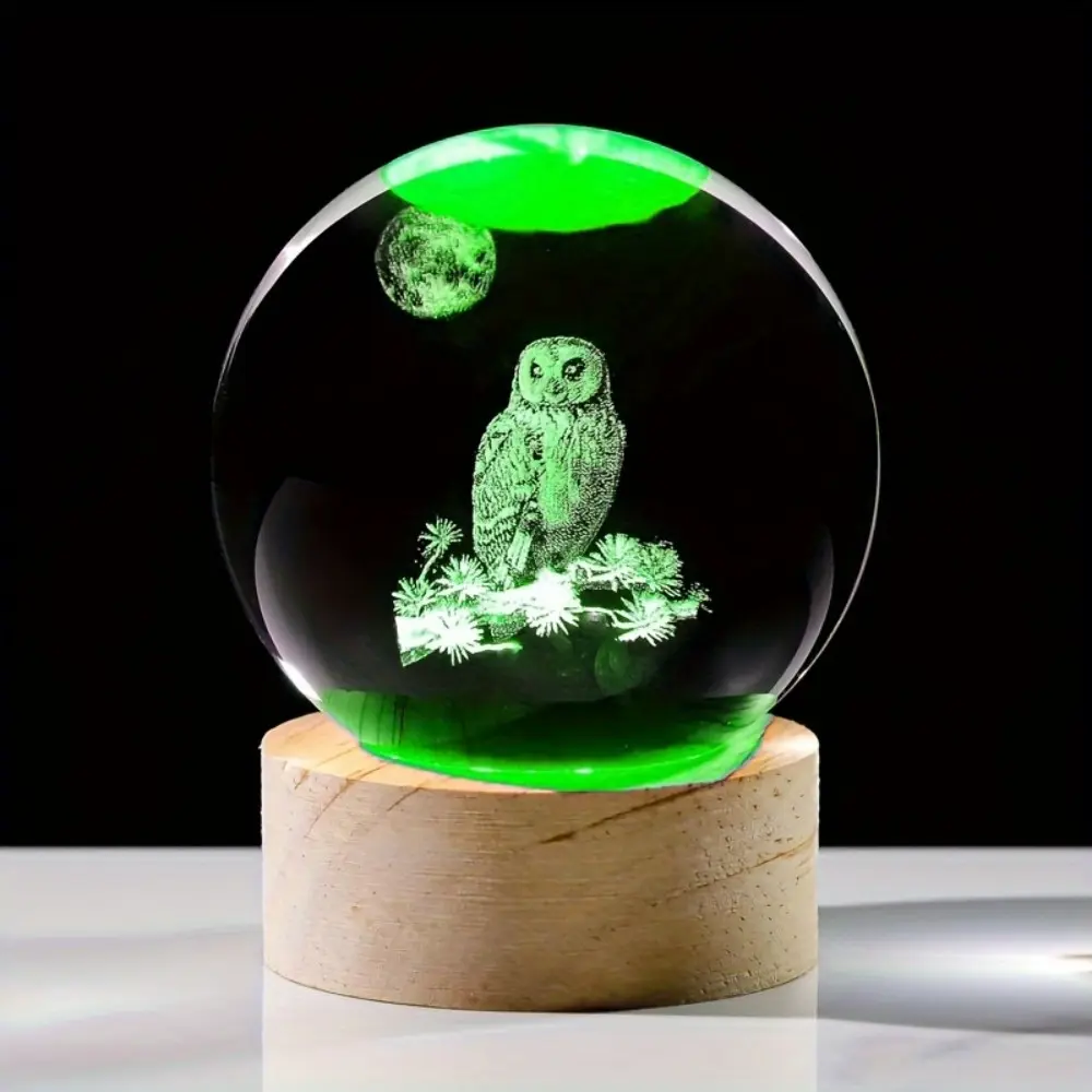1pc Modern 3D Round Shape 2.3-in Glass Owl Ball with Wood Base - USB-Powered Ambient Glow Freestanding Decor, Adjustable Lighting Toggle Control, Polished Finish, Animal Theme Gift for Mother's Day (Coffee/Dining Table Use), Coffee Table Decor, Table Deco
