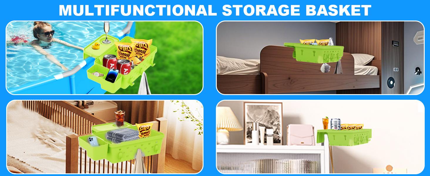 2 Sets Poolside Storage Basket for Above Ground Pool Accessories, Universal Fit Pool Storage with Cup Holders Large Capacity, Durable Pool Organizers for Towels Green