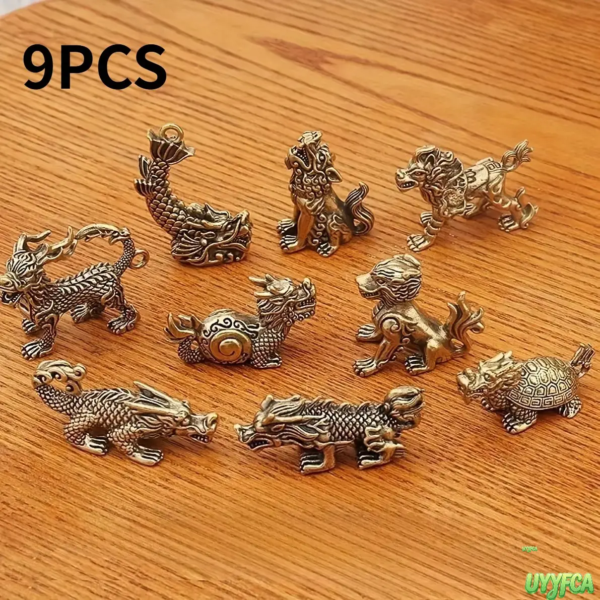 9Pcs Vintage Brass Dragon Nine Sons Mini Figurine Set, Chinese Traditional Myth Metal Miniature Statues, Antique Bronze Finish Collectible Ornaments, Desktop Tabletop Decor For Home Office Study, Auspicious Feng Shui Souvenir Gift