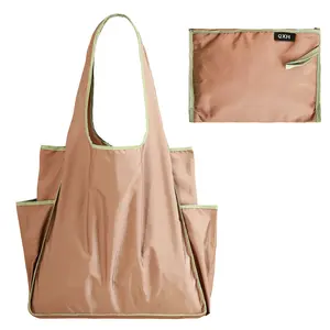 Reusable New Color Block Foldable Shopping Bag Waterproof Large Capacity with Cup Holder Portable Single Shoulder Storage Bag for Grocery Shopping Travel Daily Use