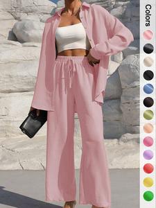 women's solid button front shirt & tie front baggy pants two-piece set, casual drop shoulder long sleeve blouse top & trousers 2 piece set for spring & fall, women's clothes for daily wear, longsleeves womenswear, suits, two piece set women