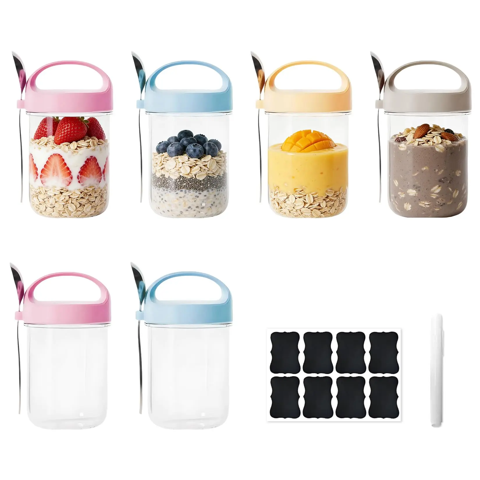 6-Pack 16oz Glass Overnight Oats Containers with Airtight Silicone Leakproof Lids - Wide Mouth Kitchen Mason Jar Set for Salad, Chia Seed